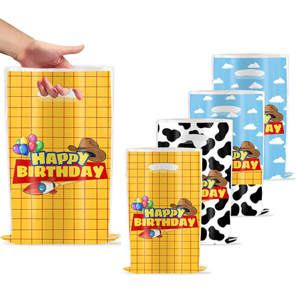 HJFZLY 30Pcs Cartoon Story Happy Birthday Party Favors Gift Bags lue Sky White Cloud and Cow Printing Candy Treat Plastic Bags for Cartoon Story Birthday Theme Party Decoration Supplies