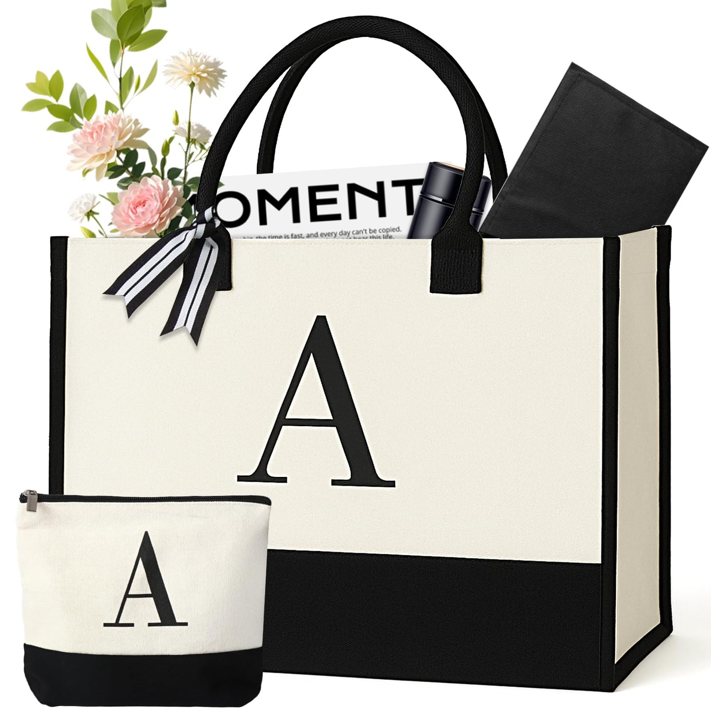 Personalized Canvas Tote Bag for Women Makeup Pouch Initial Beach Bag Removable Bottom Board for Travel Birthday