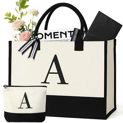 Personalized Canvas Tote Bag for Women Makeup Pouch Initial Beach Bag Removable Bottom Board for Travel Birthday