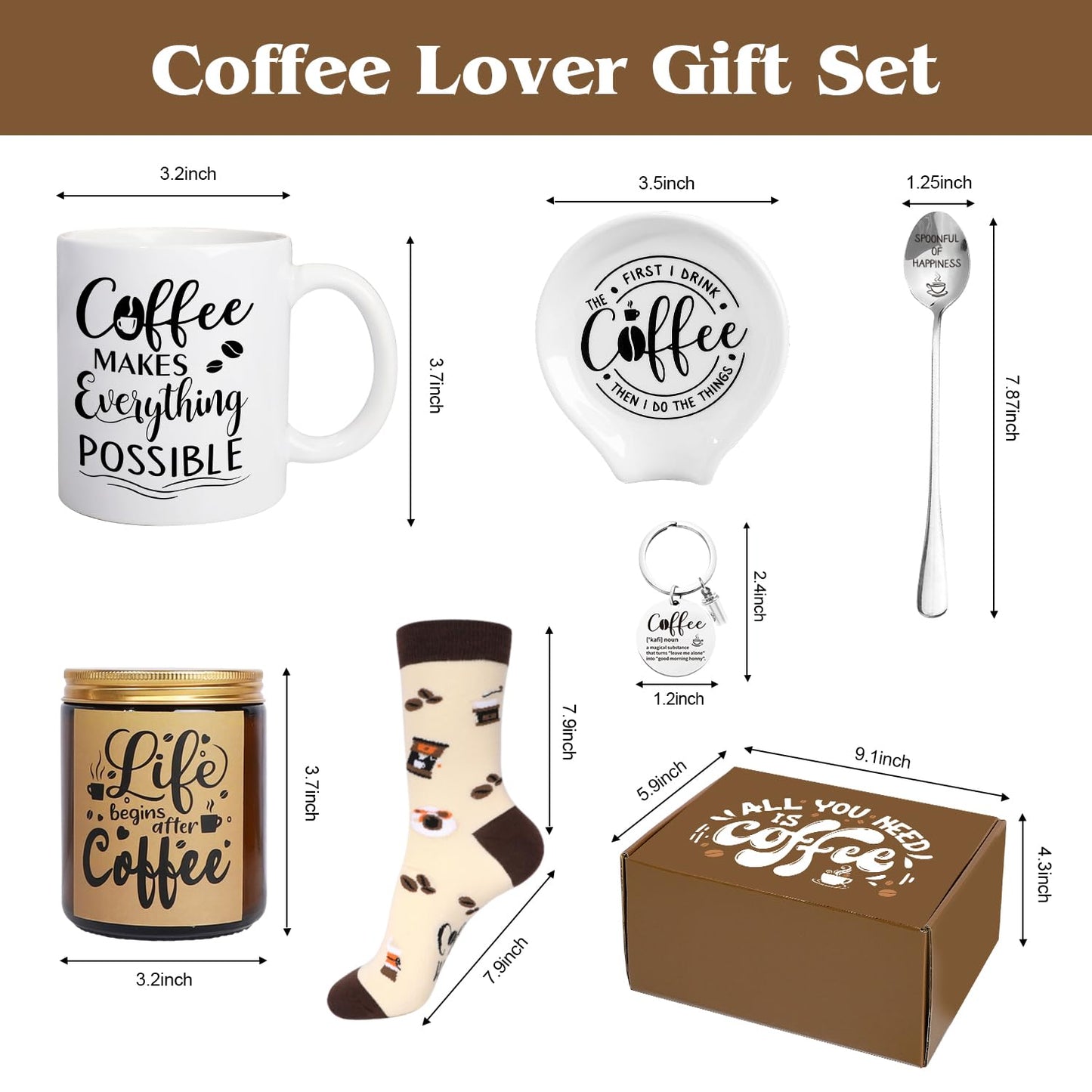 iAOVUEBY Coffee Gifts, 6PCS Coffee Gift Basket, Coffee Lover Gift Set Includes Coffee Mug Spoon Rest Holder Coffee Socks Keychain, Birthday Christmas Gift for Women Men Coffee Lover Friends