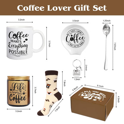 iAOVUEBY Coffee Gifts, 6PCS Coffee Gift Basket, Coffee Lover Gift Set Includes Coffee Mug Spoon Rest Holder Coffee Socks Keychain, Birthday Christmas Gift for Women Men Coffee Lover Friends