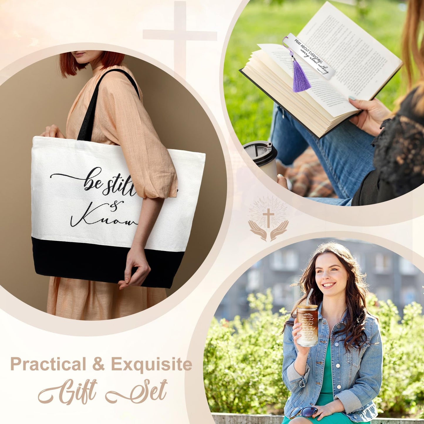 Hosuly 3 Pcs Mothers Day Christian Gifts for Women Set, Bible Verse Tote Bag, 16 oz Religious Glass Cup with Bookmark, Inspirational Faith Based Gift for Mom Sister Friend Birthday Church Gift