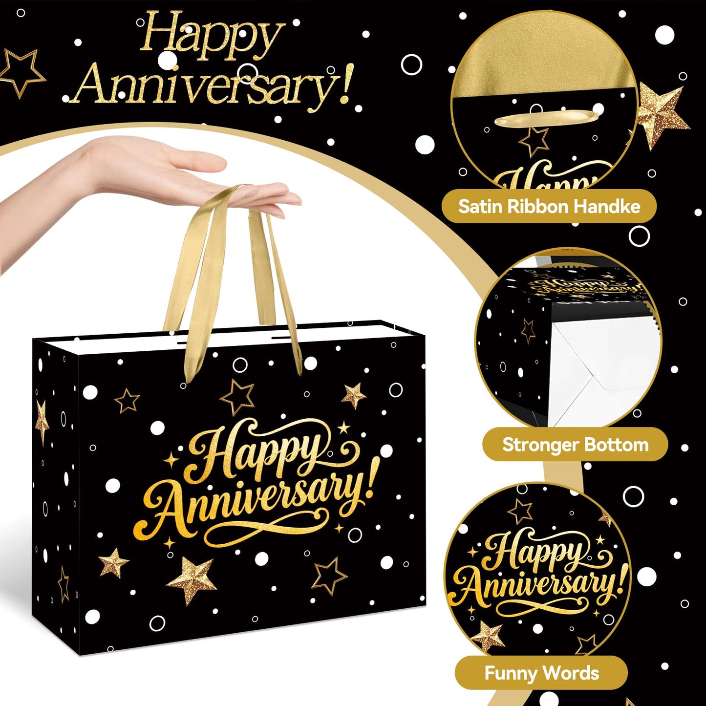Black Gold Happy Anniversary Party Gift Bag - Large Wedding Gift Wrapping Bag with Tissue Paper and Greeting Card, Ideal for Wedding, Parents, 50th Golden Jubilee & Work Anniversary Party Decorations