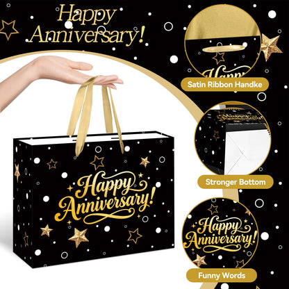 Black Gold Happy Anniversary Party Gift Bag - Large Wedding Gift Wrapping Bag with Tissue Paper and Greeting Card, Ideal for Wedding, Parents, 50th Golden Jubilee & Work Anniversary Party Decorations