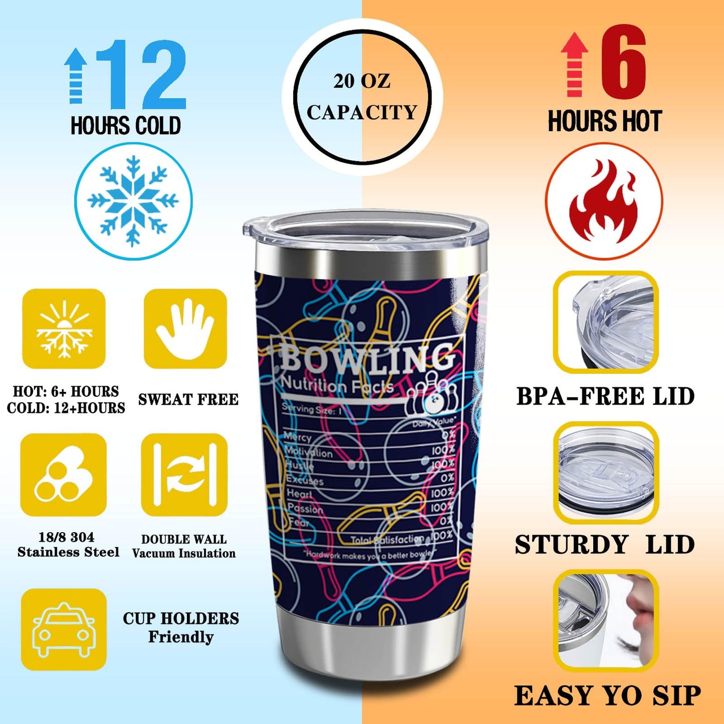Bowling Gift This is How I Roll 20oz Tumbler with Lid and Straw Bowling Nutrition Facts Travel Cup Bowling Lover Gift Bowling Team Gifts (Bowling Nutrition Facts)