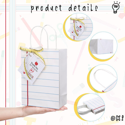Gilprop 12 Pcs Teacher Appreciation Gift Bags with Paper Tag Thank You Teacher Gift Bags with Handle End of Year Gifts with Tape Measure Ribbon for Graduation Party Favor(Notebook,White)