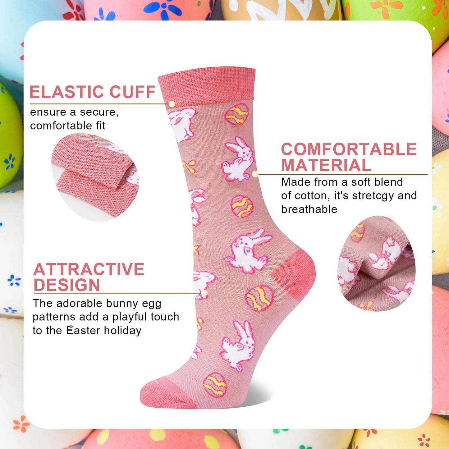 Easter Socks for Women, Funny Bunny Egg Crew Socks Teens Girls Easter Basket Stuffers Novelty Gift for Rabbit Lovers