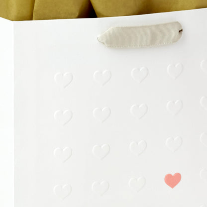 Hallmark Signature Studio 7" Medium Gift Bag with Tissue Paper (Embossed Hearts, White, Pink, Gold) for Valentine's Day, Birthdays, Mother's Day, Baby Showers, Bridal Showers