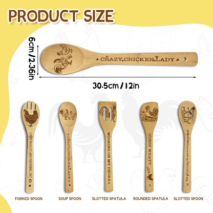 Chicken Gifts for Women, 6PCS Unique Chicken Print Bamboo Spoons Gifts Set with Keychain, Chicken Decor Kitchen Stuff for Mother's Day Sister