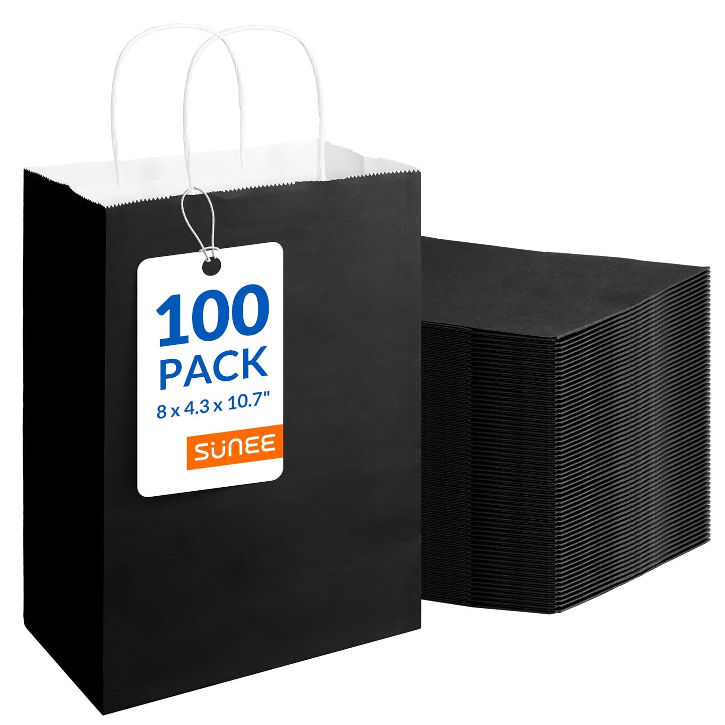 SUNEE Gift Bags with Handles 8x4.3x10.7, 100 Pcs Paper Bags Medium Size Bulk for Gift Wrapping, Retail, Party Favors and Small Business - Black