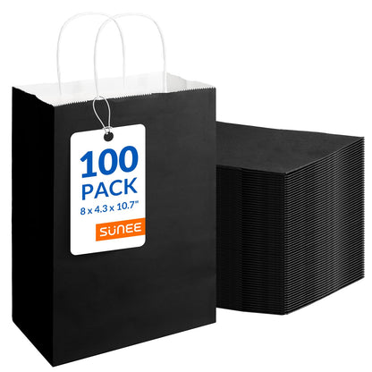 SUNEE Gift Bags with Handles 8x4.3x10.7, 100 Pcs Paper Bags Medium Size Bulk for Gift Wrapping, Retail, Party Favors and Small Business - Black