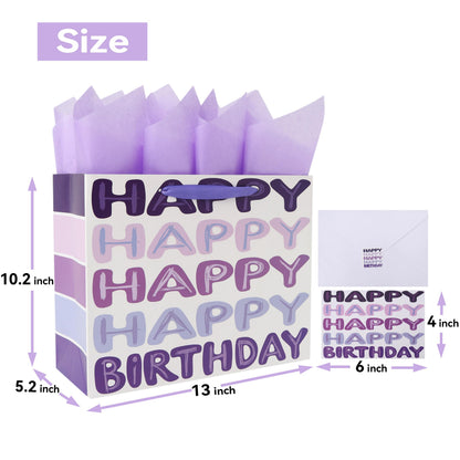 Qirrmiy 13'' Large Purple Happy Birthday Gift Bag Set with Handles, Greeting Card, Tissue Papers and Stickers for Women Girls Kids Teens, Words Design, 1 Pcs