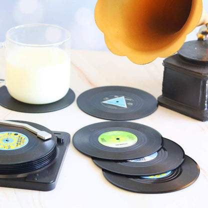 Funny Retro Record Coasters for Drinks with Vinyl Player Holder - Set of 6 Coaster White Elephant Gifts for Music Lovers, Conversation Piece Sayings,Housewarming Hostess Wedding Registry Gift Ideas
