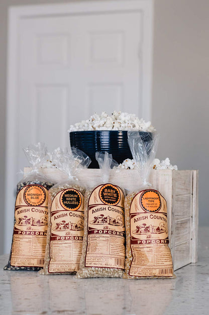 Amish Country Popcorn | 4-1lb Bags | Variety Pack | 1 lb each (Baby White - Medium White - Ladyfinger and Midnight Blue Popcorn Kernels) | Old Fashioned, Non-GMO and Gluten Free (4-1lb Bags)