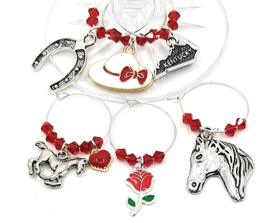 Pixie Kentucky Horse Race Wine Charms, 6 Piece Set – Run For The Roses Glass Tag Identifiers, Equestrian Party Favors & Host Gift