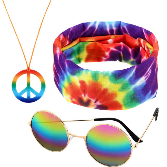 Frienda 3 Pcs Hippie Accessories Costume 70s Tie Dye Leopard Outfits Hippie Headbands for Men Peace Sign Necklace Sunglasses