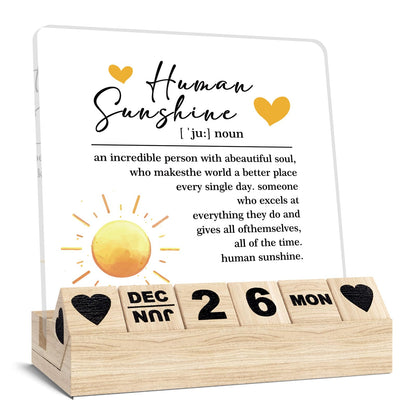Human Sunshine Inspirational Gifts - Appreciation Wooden Block Calendar, Motivational Thank You Gifts for Coworkers Women Man, Boss Office Desk Decor, Employee Coach Mentor Desk Sign