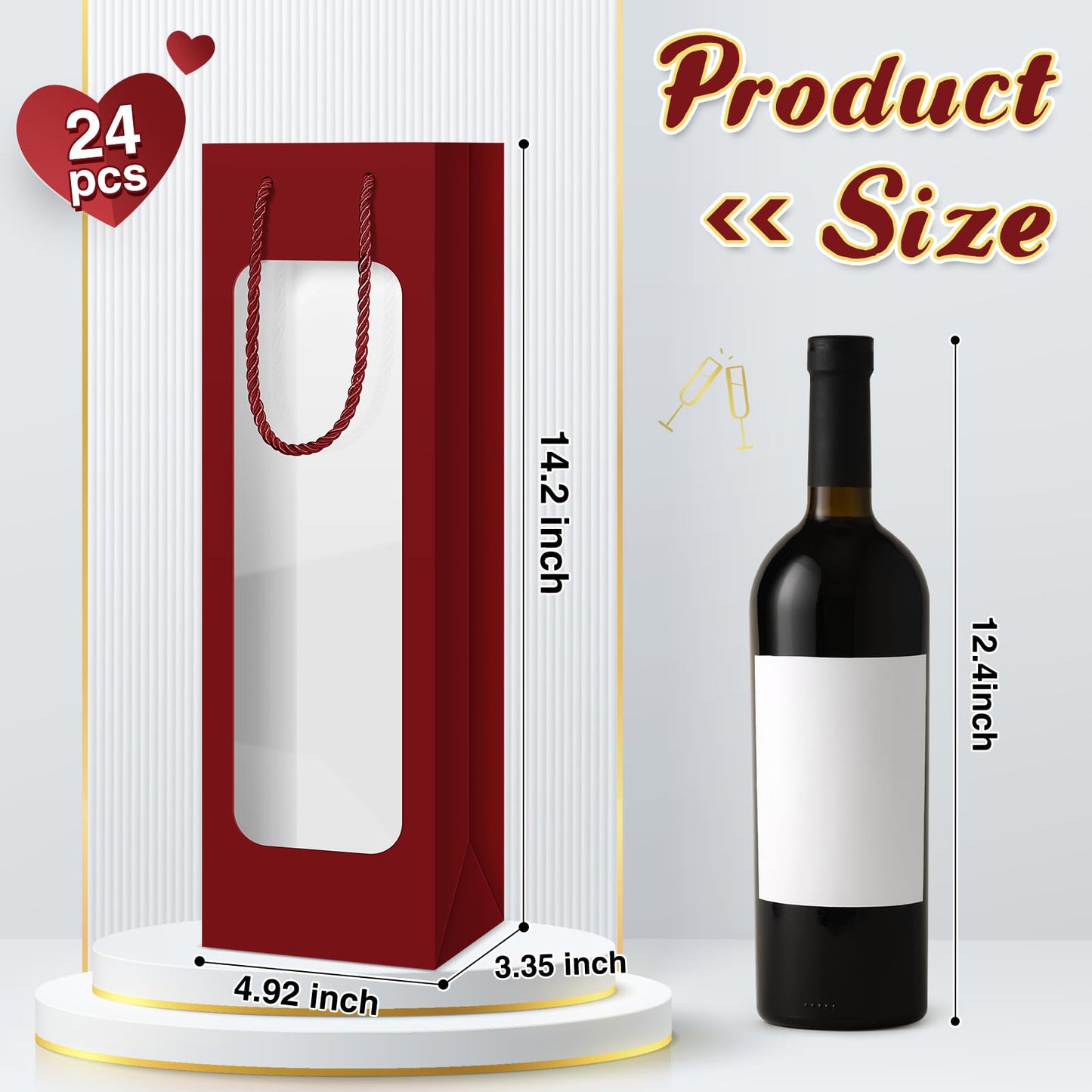 Tioncy 24 Pcs Single Wine Bottle Gift Bag Bulk Wedding Champagne Boxes with Clear Window Handles Reusable Holiday Party Favor(Burgundy)