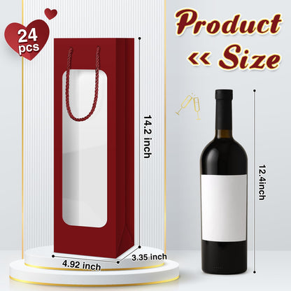 Tioncy 24 Pcs Single Wine Bottle Gift Bag Bulk Wedding Champagne Boxes with Clear Window Handles Reusable Holiday Party Favor(Burgundy)