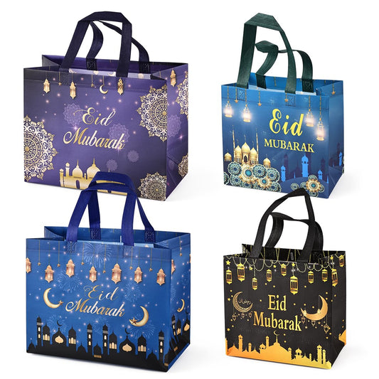 Aviski 4PCS Eid Mubarak Reusable Gift Bags, Treat Bags with Handles, Eid Mubarak Party Bags, Multifunctional Non-Woven Eid Bags for Gifts Wrapping, Party Supplies