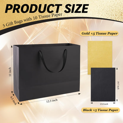 Addblu 5 Pack Large Black Gift Bags with Handles - Includes 10 Tissue Papers, 12.6x8.7x4 Inches for Men Birthday Party, Wedding, Bridesmaid, Groomsmen, Shopping Business, Christmas (Black Medium - 5Pcs)
