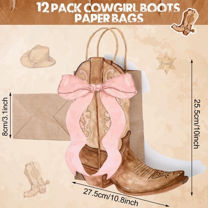 Sinload 12 Western Gift Bags Cowgirl Cowboy Boots Paper Bags with Pink Bow Handles Candy Goodie Treat Grocery Shopping for Cowgirl Party Supplies Birthday Western Party Favors (Brown Style)