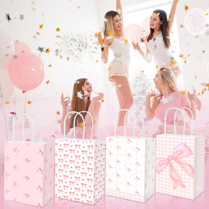 MUZRUYOU Pink Bow Goodie Bags 16 Pcs - Pink Gift Favor Bags with Handles for Birthday Party, Baby Shower, Bridal Shower, Bachelorette Supplies Coquette Theme