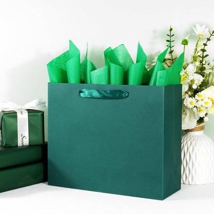 Elegant Green Gift Bag 11.8"x4.5"x9.8" with Ribbon Handles, Includes Card and Tissue Papers, Perfect for Birthdays, Weddings, Parties, Holidays, Baby Shower