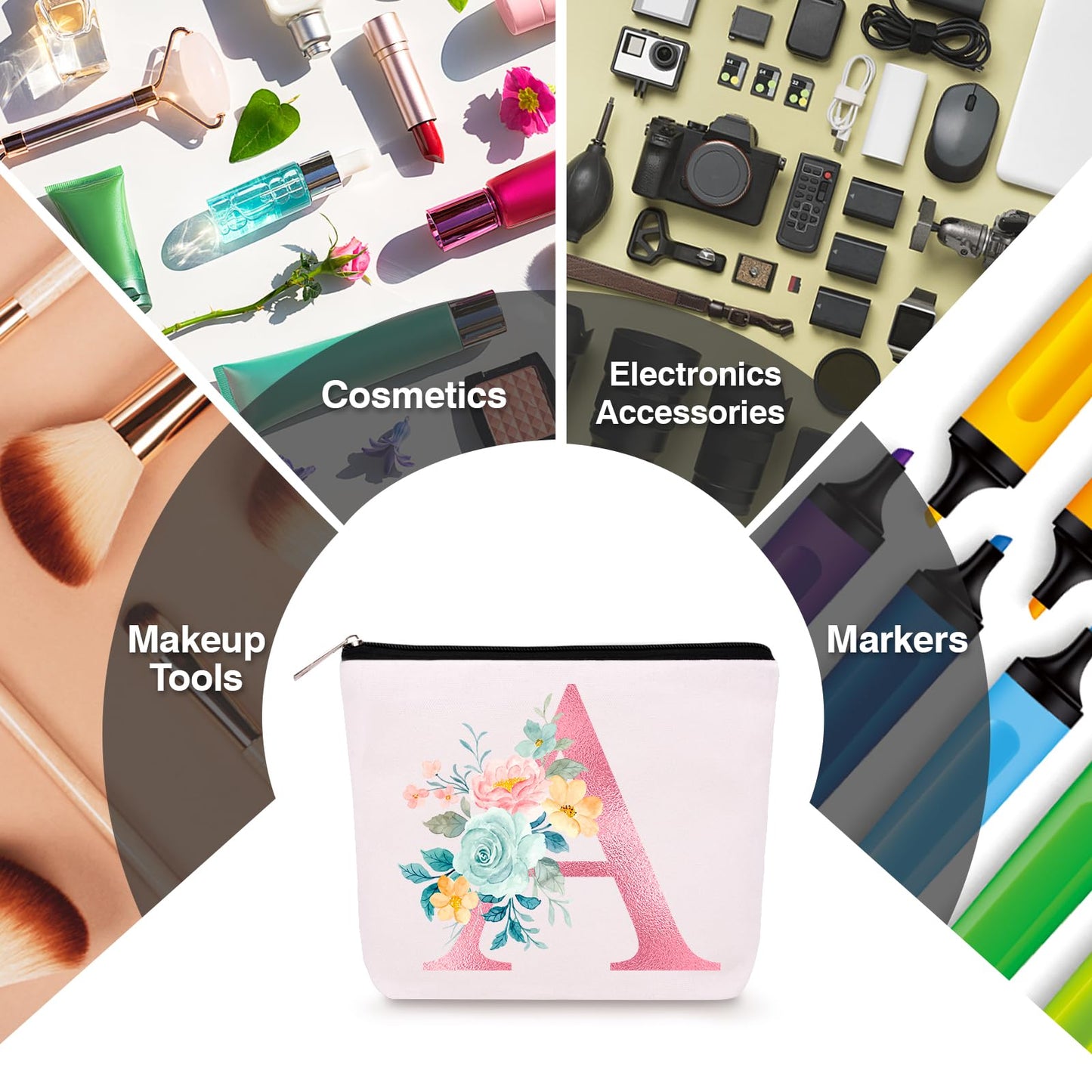 Personalized Makeup Bag with Initial Keychain, Custom Initial Monogram Small Travel Cosmetic Toiletry Bag, Birthday Gifts for Women Bridesmaid Teacher (A)