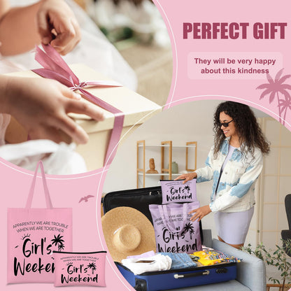 Paterr 8 Pcs Girls Weekend Trip Gifts for Women 4 Makeup Bags 4 Tote Bags Galentine Summer Vacation Bestie Friendship Favors(Weekend,Stylish Color)