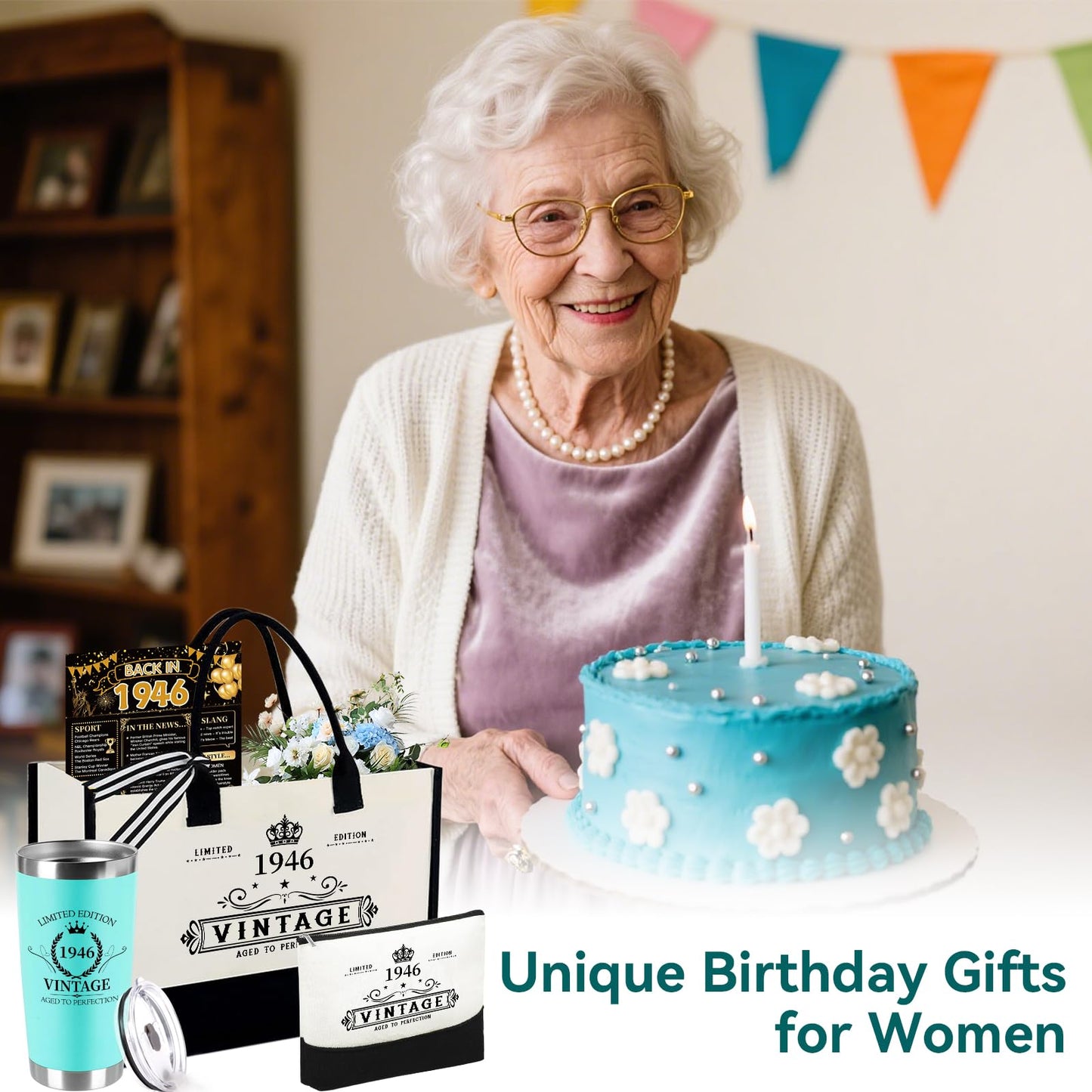 80th Birthday Gifts for Women Her- 4 pcs, Turning 80 Year Old Gifts, Decorations Canvas Beach Tote Bag & Makeup Bag, Unique Happy 80th Present for Her Mom Wife Friends