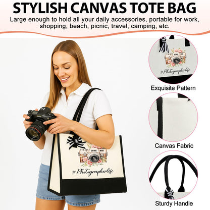 Leinuosen 12 Pcs Photography Gift Set for Women Trapezoid Grocery Canvas Tote Bag with Handle Makeup Bag Mug Scented Candle Novelty Socks for Photographer Appreciation Birthday Party Favors