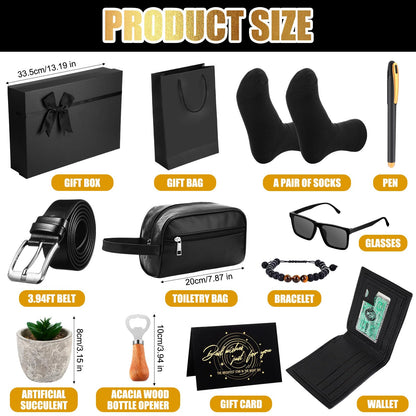 Skylety 13 Pcs Birthdays Gifts Baskets for Men Father Gift for Men Birthdays Gift Box 16 oz Tumblers Wallet Toiletry Bag Sock Bottle Opener Belt Bracelet Glasses Pen for Father's Day Dad Husband