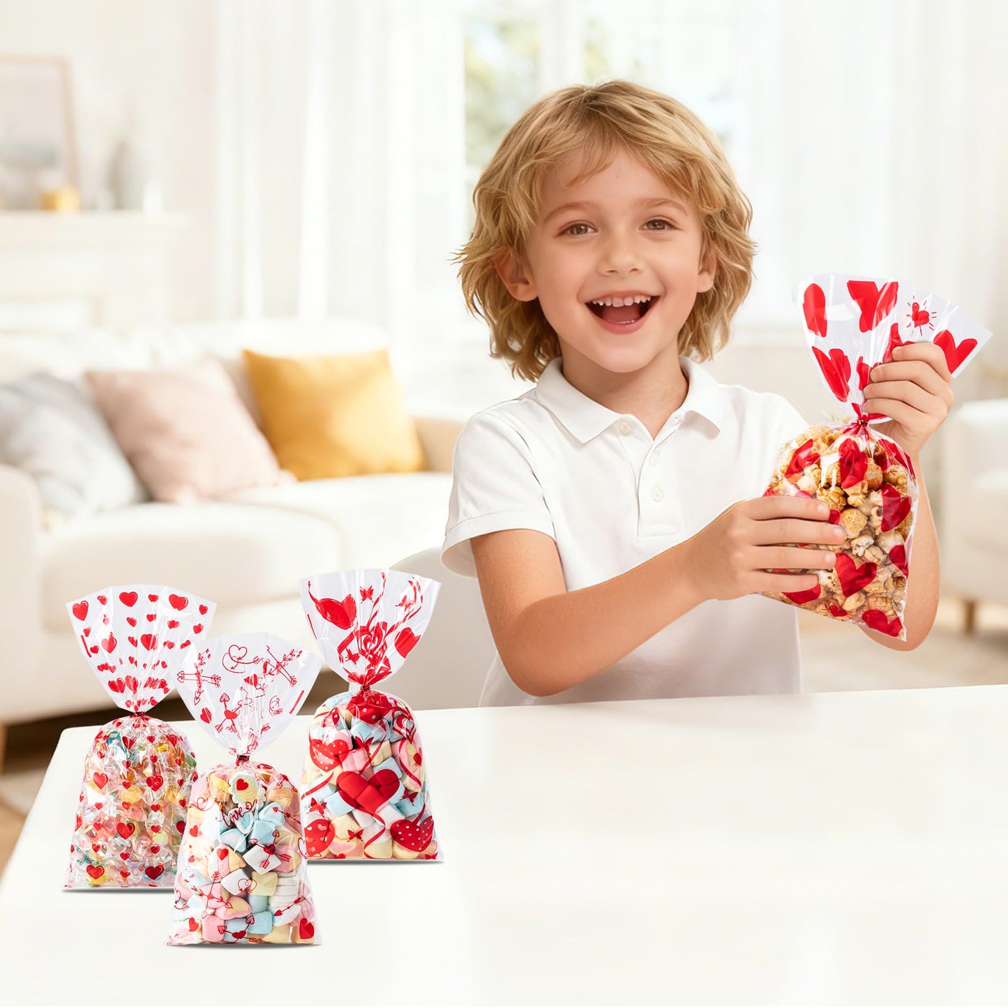 Aegero Valentines Cellophane Bags 120pcs Valentines Candy Bags with 140pcs Twists for Valentine's Candy Cookie Goodie Snack Bag for Valentines Day Wedding Party Favor Supplies,Classroom Parties Valentine02-Red Heart