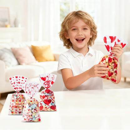 Aegero Valentines Cellophane Bags 120pcs Valentines Candy Bags with 140pcs Twists for Valentine's Candy Cookie Goodie Snack Bag for Valentines Day Wedding Party Favor Supplies,Classroom Parties Valentine02-Red Heart