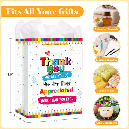 FaCraft Teacher Appreciation Gift Bags - 11.5" Teacher Gift Bag with Tissue Paper and Handles - Thank You for All You Do Bag for Graduation Retirement End of Year Teacher Gifts from Students