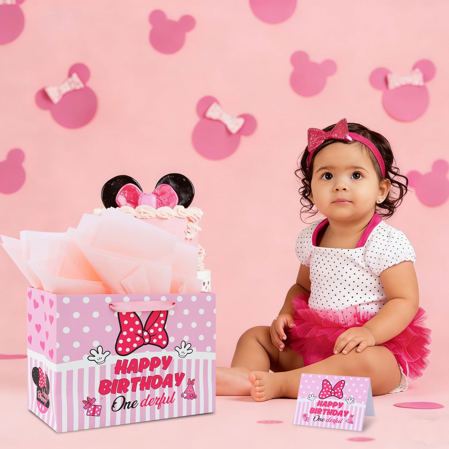 BAOOOFUL 13" Pink Mouse Theme Happy 1st Birthday Gift Bag with Tissue Paper and Greeting Card for Party,Birthday Wrapping Paper for Boy and Girls,Party Decorations Party Supplies(1 Pcs)