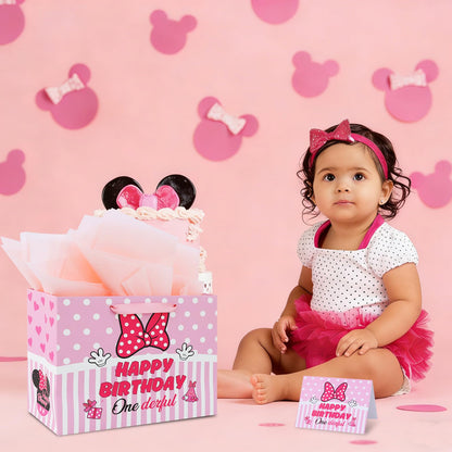 BAOOOFUL 13" Pink Mouse Theme Happy 1st Birthday Gift Bag with Tissue Paper and Greeting Card for Party,Birthday Wrapping Paper for Boy and Girls,Party Decorations Party Supplies(1 Pcs)