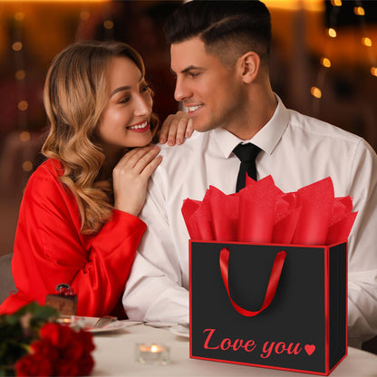 ReliThick 12 Pack Metallic Paper Gift Bag with Handles and Tissue Paper 11.8 x 10 x 4'' Thank You Favor Bag for Graduation Mother's Day Wedding Bridesmaid Groomsman 5 Senses Gifts (Black,Red)