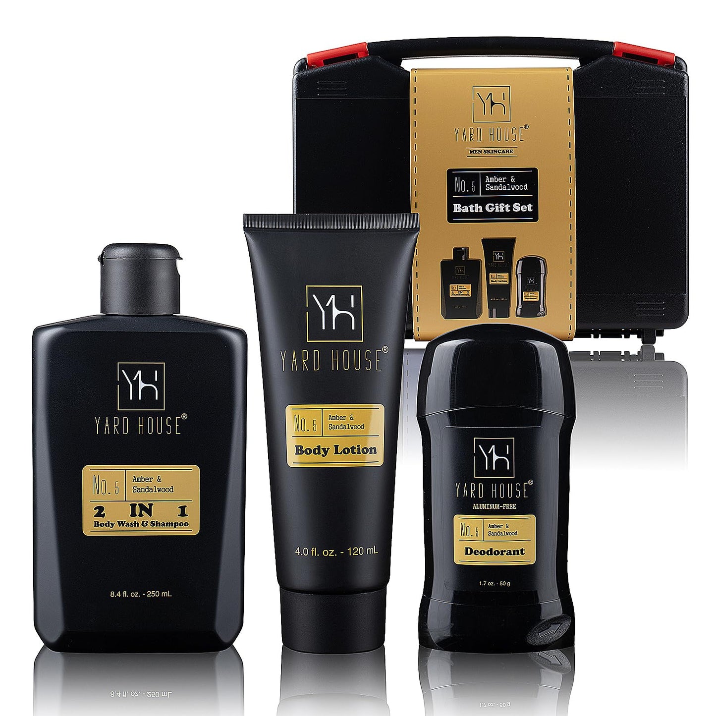 Yard House Mens Bath Body Gift Set, Sandalwood Amber, 4-Pcs Grooming Kit with Body Wash, Body Lotion, Deodorant, Travel Toolbox Case - Fathers Day Gifts For Father, Birthday Christmas Gift Ideas