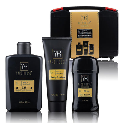 Yard House Mens Bath Body Gift Set, Sandalwood Amber, 4-Pcs Grooming Kit with Body Wash, Body Lotion, Deodorant, Travel Toolbox Case - Fathers Day Gifts For Father, Birthday Christmas Gift Ideas