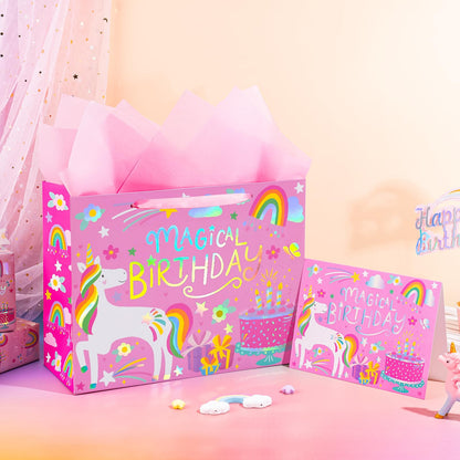 WRAPAHOLIC 13" Large Unicorn Birthday Gift Bag with Card and Tissue Paper - Rainbow Foil Unicorn Paper Bags for Baby Girl Shower and Birthday