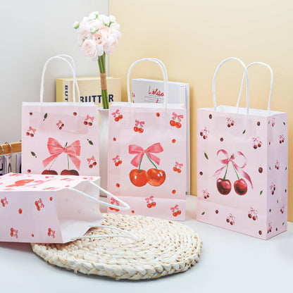 12pcs Cherry Gift Bag, Pink Bow Medium Gift Bags with Tissue Paper, Cherry Party Decorations for Birthday Bridal Shower Baby Shower Wedding Party Favor Bags (8.27 x 6.3 x 3.15 inch)