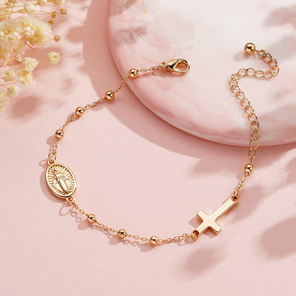 Catholic First Communion Confirmation Baptism Gifts for Girls Teens, Virgin Mary Cross Charm Link Chain Rosary Beads Bracelet Religious Jewelry Gifts