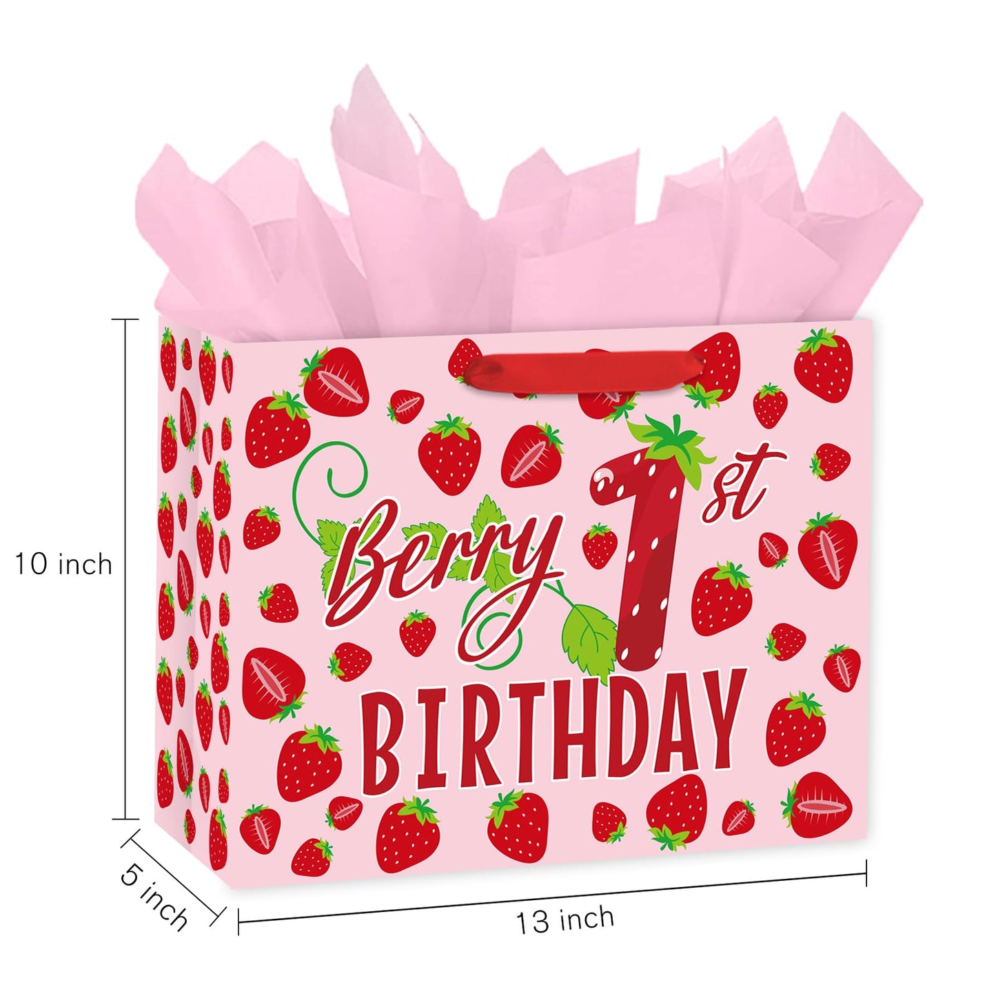 Loveinside 13" Large Berry 1st Birthday Gift Bag, Sweet Pink Strawberry Theme Gift Bag with Tissue Paper for Baby Girl First Birthday, New Born Baby Shower, Party Favor, 13" x 5" x 10", 1 Pcs