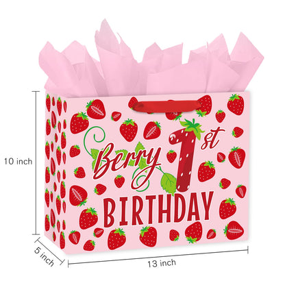 Loveinside 13" Large Berry 1st Birthday Gift Bag, Sweet Pink Strawberry Theme Gift Bag with Tissue Paper for Baby Girl First Birthday, New Born Baby Shower, Party Favor, 13" x 5" x 10", 1 Pcs