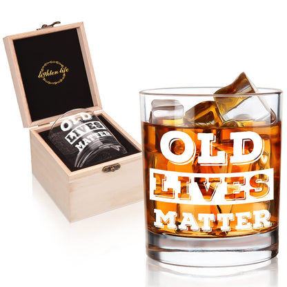 LIGHTEN LIFE Old Lives Matter Whiskey Glass 12 oz,Rock Glass in Valued Wooden Box,Funny Old Men Gifts,Premium Birthday or Retirement Gift for Grandpa,Dad,Old Man,Old Fashioned Whiskey Glass