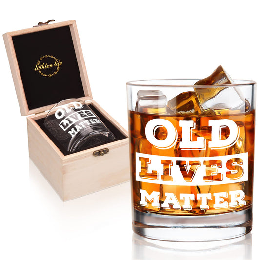 LIGHTEN LIFE Old Lives Matter Whiskey Glass 12 oz,Rock Glass in Valued Wooden Box,Funny Old Men Gifts,Premium Birthday or Retirement Gift for Grandpa,Dad,Old Man,Old Fashioned Whiskey Glass