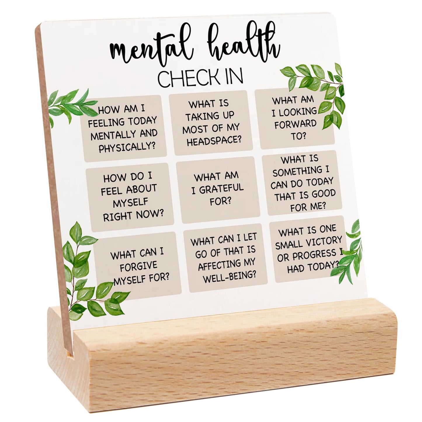 Mental Health Inspirational Gift, Positive Self Affirmations Wooden Sign, Mental Health Check in Wood Sign with Wooden Stand, Cheer Up Gifts for Psychologist School Counselor Student Boy Girl