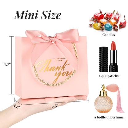 Mauproy 20 Pack Small Thank You Gift Bags with Handles, 5.5''x 2.5''x 4.7'' Mini Paper Gift Bags with Ribbons Party Favor Bags for Graduation Wedding Baby Shower (Pink)